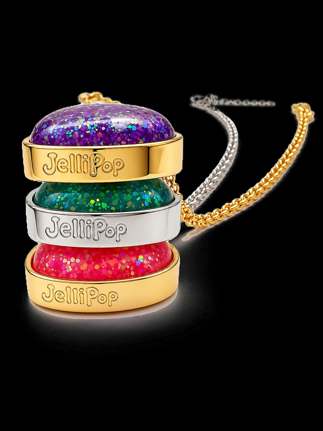 All three JelliPop pendants stacked, JelliPop embossed along each bezel