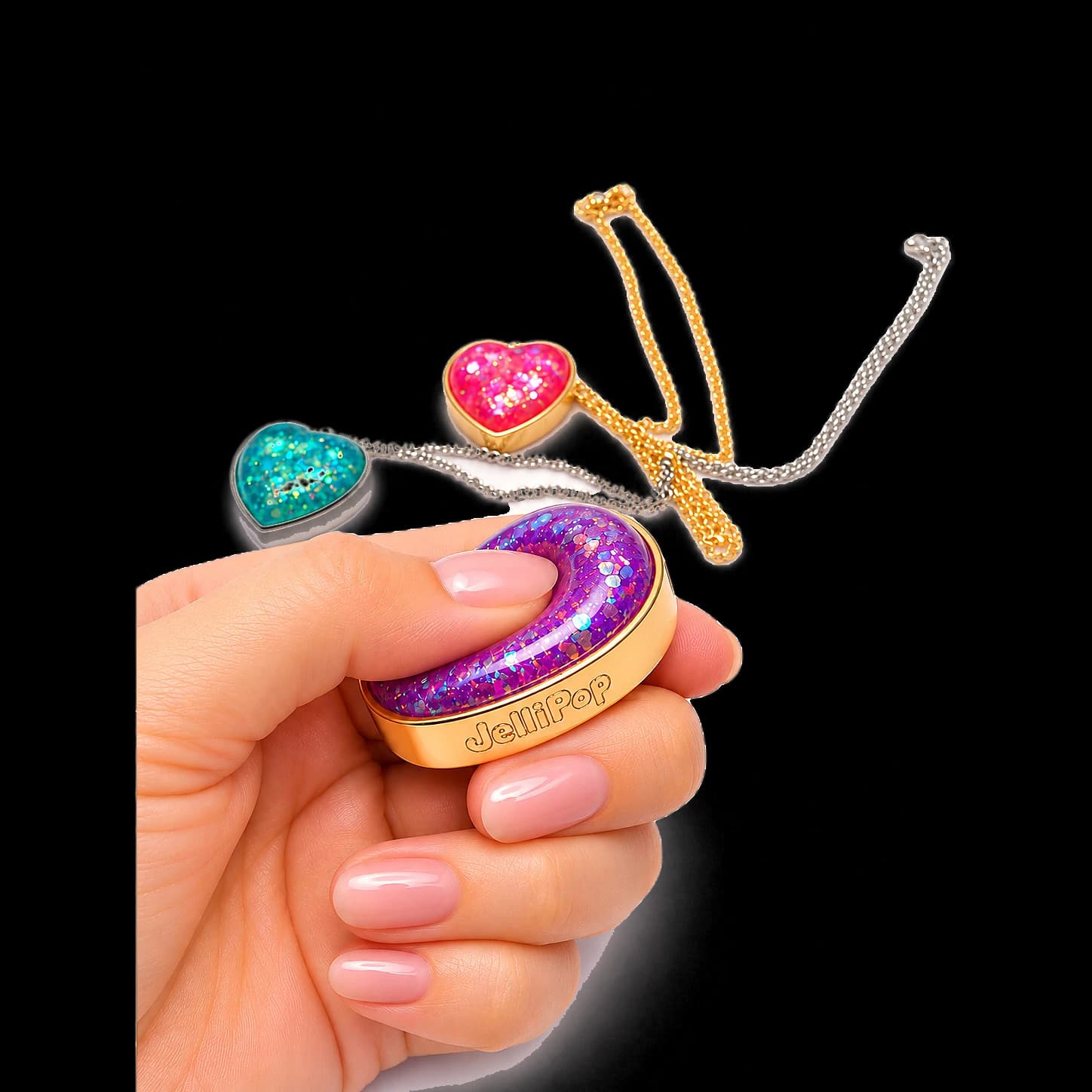 A hand squeezing the Violet Dream pendant