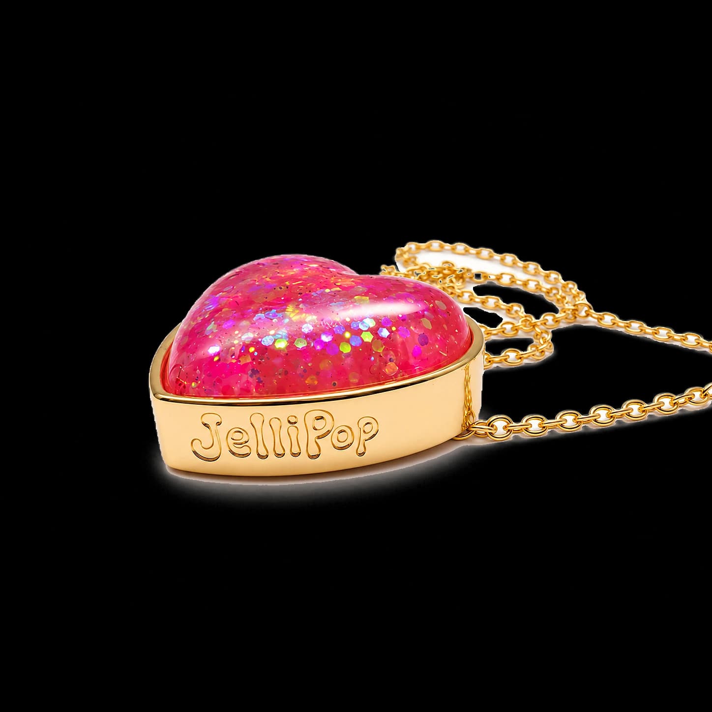 Bubblegum Pink pendant on its side, JelliPop embossed along the bezel